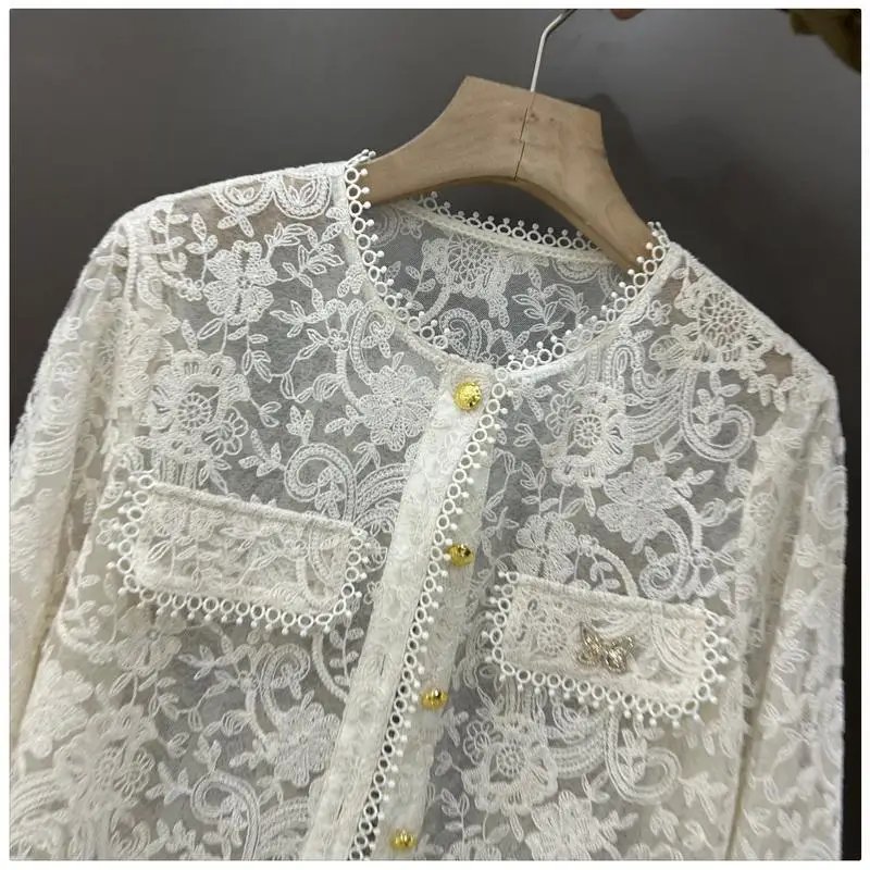 Women's 2024 Spring New Lace Collar Casual Hollow Panel Button Solid Color Versatile Office Lady Fashion Long Sleeved Tops