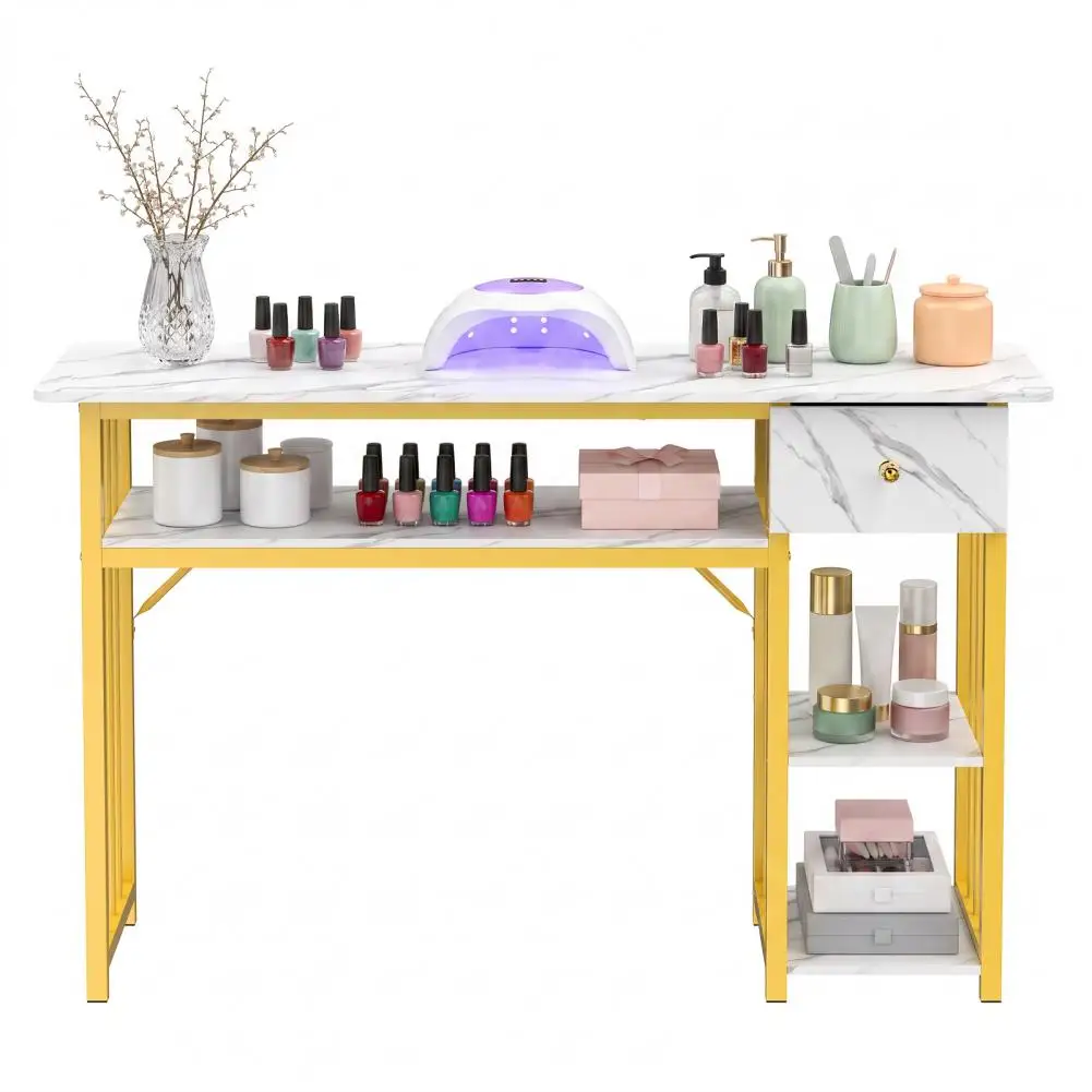 3-Tier Manicure Table with 1 Drawer & 2 Large Tops, Marble Textured Nail Desk, Gold Metal Frame Thick Plates, Modern Workstation