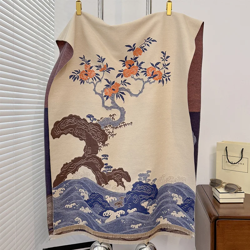 NEW Chinese Style Landscape Painting Two-Sided Thickened Pashmina Scarf Cashmere Short Beard Shawl Winter Keep Warm Female Scar