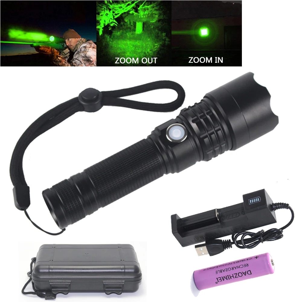 

Red/Green/White Tactical Zoomable Hunting Flashlight Type-c USB charging Torch +Rifle Scope Mount+Switch+18650+USB Charger