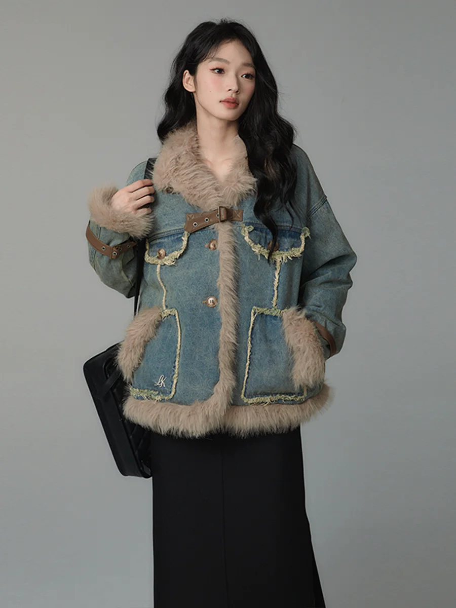 

Джинсовые пальто женские с ромбовидным мехом плюшевые женские осенние бархатные пальто на шнурке в консервативном стиле для колледжа минималистичный классический клетчатый Y2K