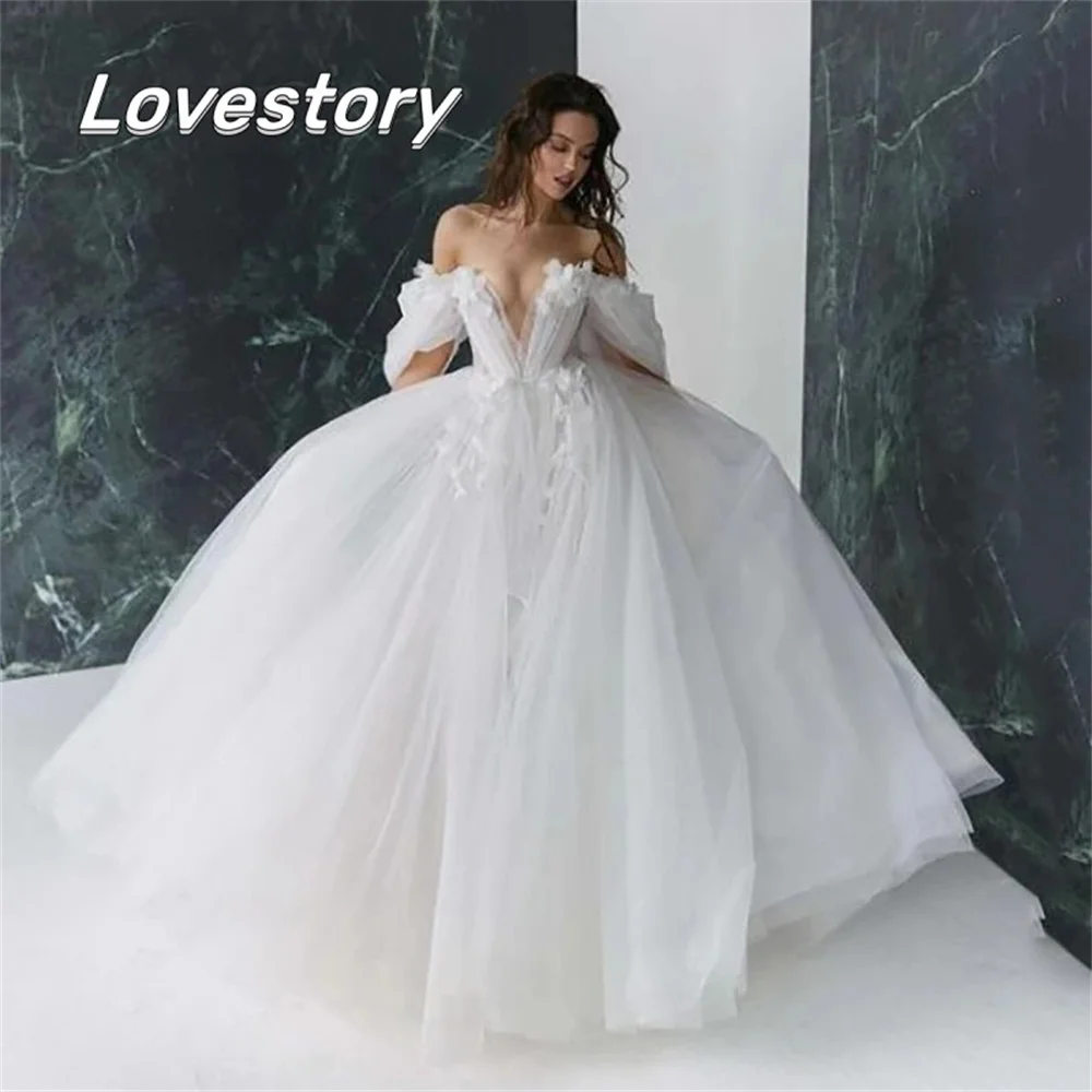 

Princess Wedding Dresses V Neck Appliques A-Line Puffy Tulle Lace Off Shoulder Split Side Bridal Gown Backless Vestidos De Noiva