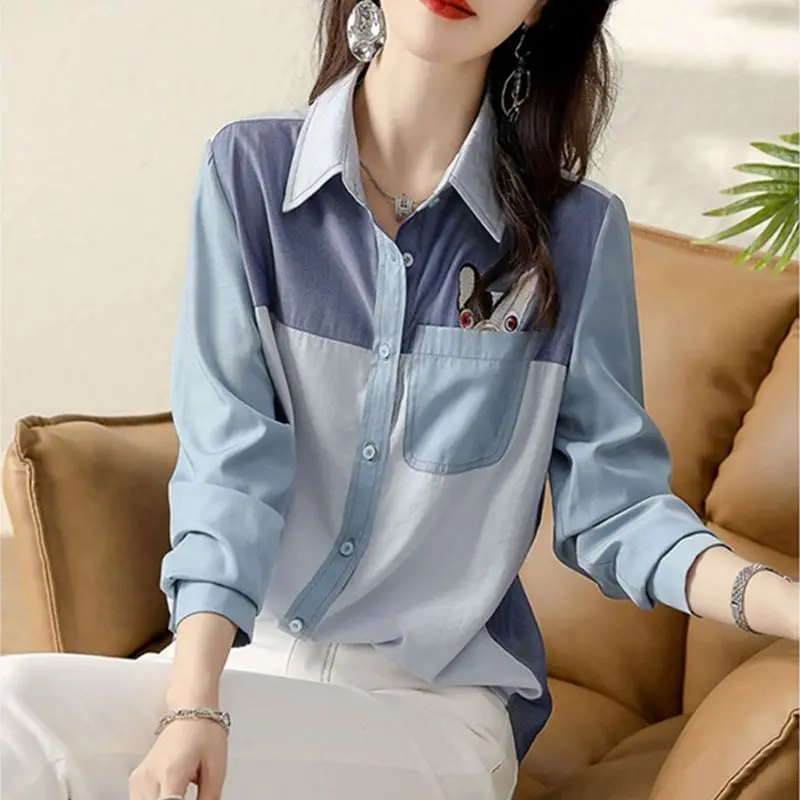 Retro Patchwork Long Sleeves Blue Shirt for Women\'s Spring Autumn Korean Version Loose Slimming Casual Commuting Versatile Top