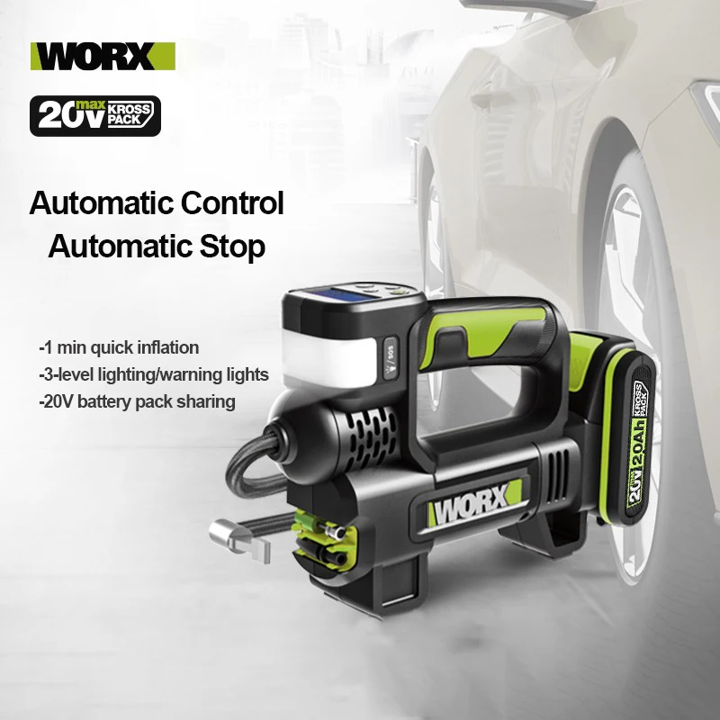 Worx-bomba de ar Inflável Automática Portátil Bomba de ar sem Fio Multifuncional do Carro Luzes de Advertência ao ar Livre Alta Pressão 20v Wu092