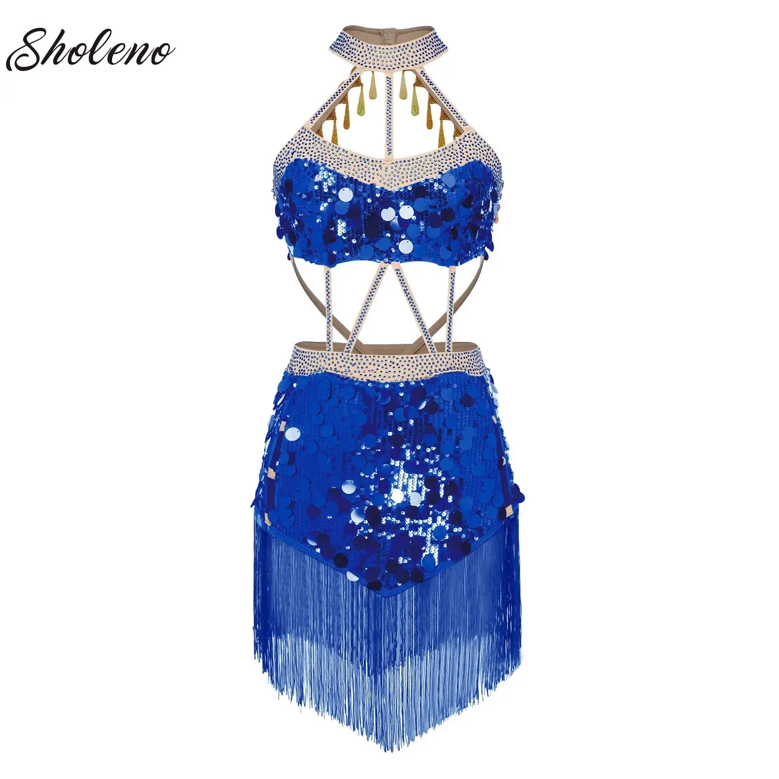 

Womens Elegant Latin Cha-cha Dance Stage Performance Tassel Leotard Dress Sequins Lyrical Latin Samba Rumba Dance Bodysuits