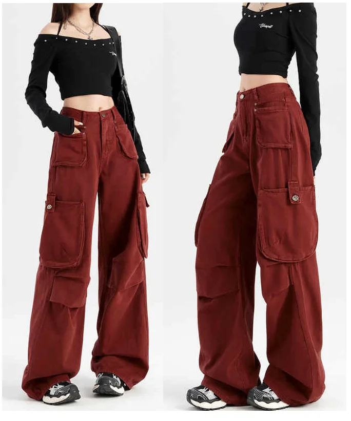 American Angora Red Stained Pants Street Style High Waist Multi Pocket Cargo Trousers Loose Wide Leg Cowboy Pants