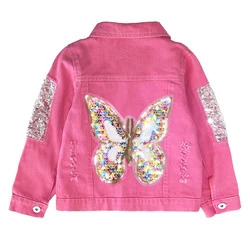 3-10Years Girls Butterfly Sequins Jacket Kids Long Sleeve Lapel Outwear Children Spring and Autumn Clothing