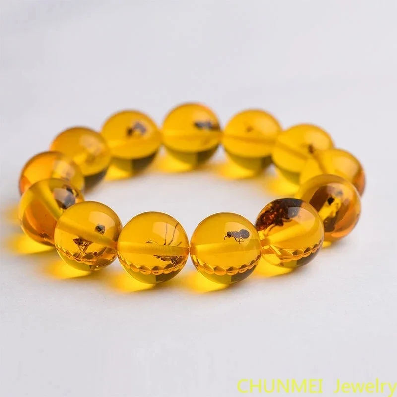 

Natural Baltic Amber Elastic Bracelet Men Women Honey Wax Insect Amber-beads Beaded Bangles Amulet Bracelets Girlfriend Mom Gift