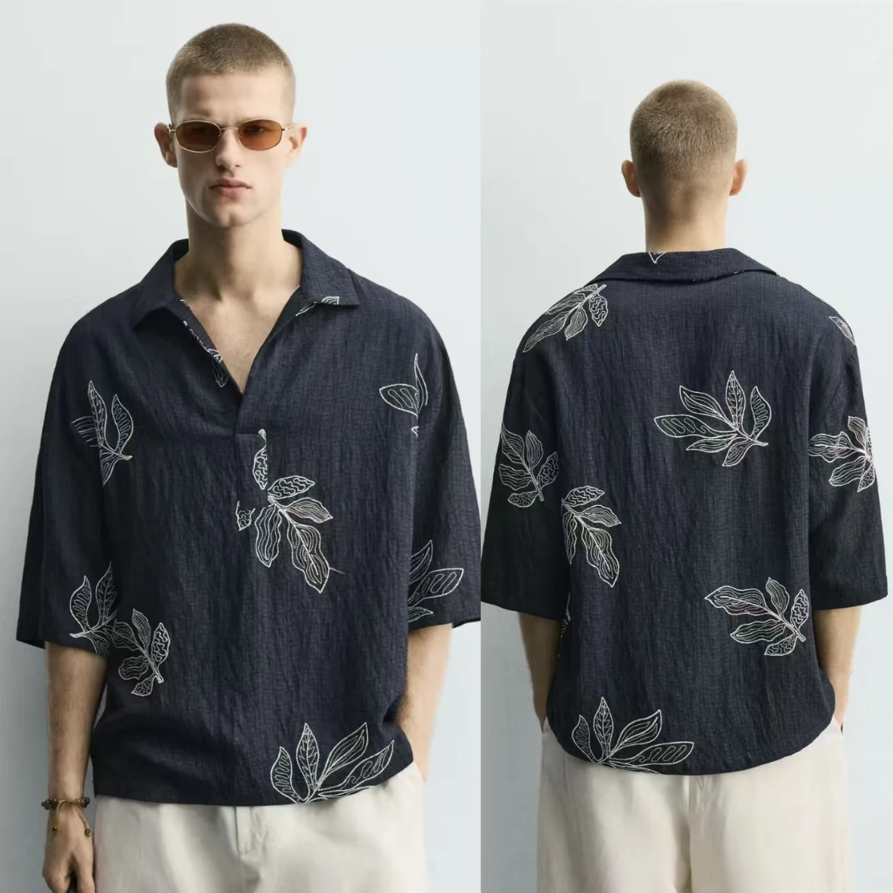 New Summer Men's Loose Printed Pleated Folded Collar Short Sleeve  Shirt Top Shirt Casual Breathable Comfortable Cotton