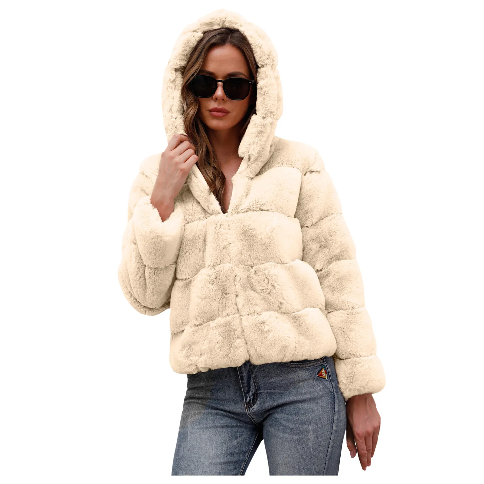 Abrigo de moda para Mujer, Abrigo con capucha de imitación de gran tamaño, Chaqueta de piel sintética más cálida de manga larga, Chaqueta femenina, ropa de calle