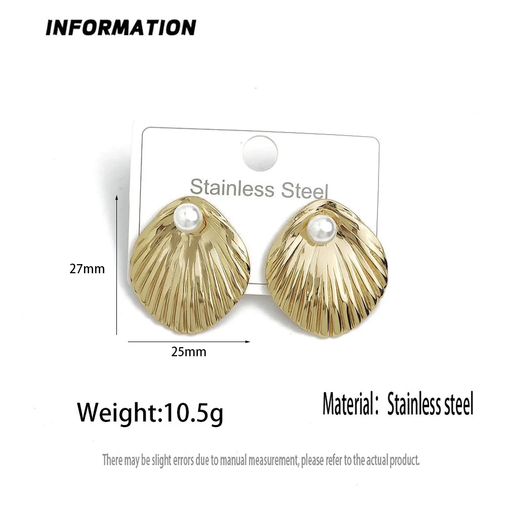 Stainless Steel Scallop Shell Pearl Stud Earrings Gold Tone Ridged Seashell Statement Ear Jewelry for Women Summer