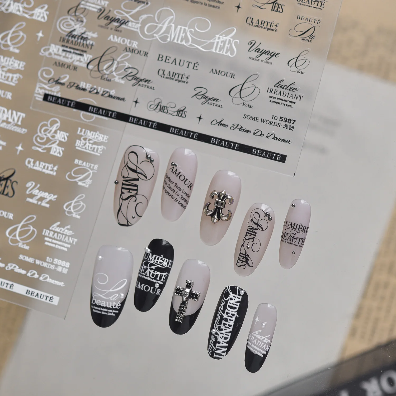 French Handwriting Words Black White Minimal French Sentence Love Star Symbol 5D Nail Art Stickers Self Adhesive Manicure Decal