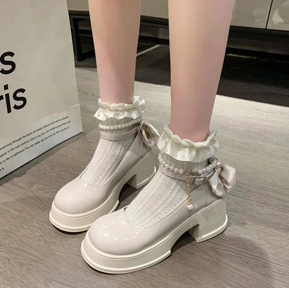 2025 French Pearl One-Character Buckle Women\'s High Heels Thick Bottom Preppy Style Mary Dress Sandals Summer Banquet Shoe