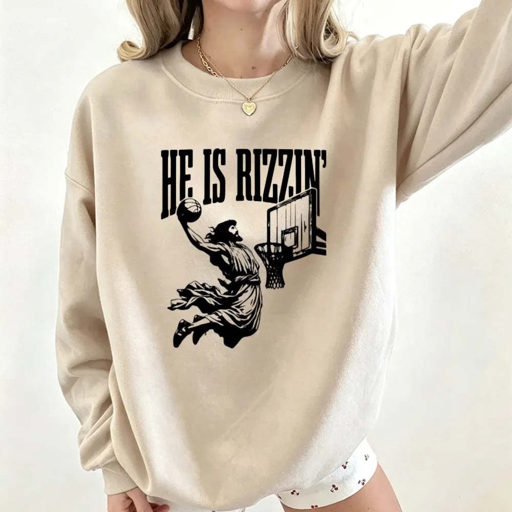 He Is Rizzin Jesus Playing Basketball Grafik-Sweatshirt, lustiger religiöser Meme-Print, Pullover, Neuheit, Streetwear-Sweatshirt, Oberteile