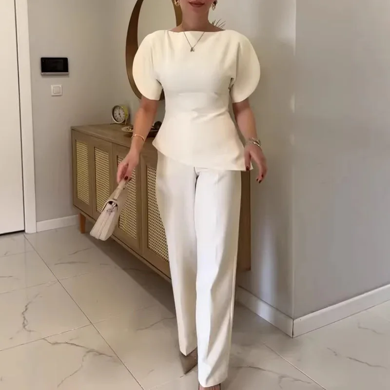 Lady Simple Straight Pants 2PC Sets Vintage O-neck Puff Short Sleeve Tops&Pants Sets Summer Casual Solid Color Commute Outfits