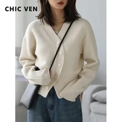 CHIC VEN Women's Cardigan V Neck Irregular Solid Short Knitted Sweaters for Women Female Tops Woman Clothing Autumn Winter 2022