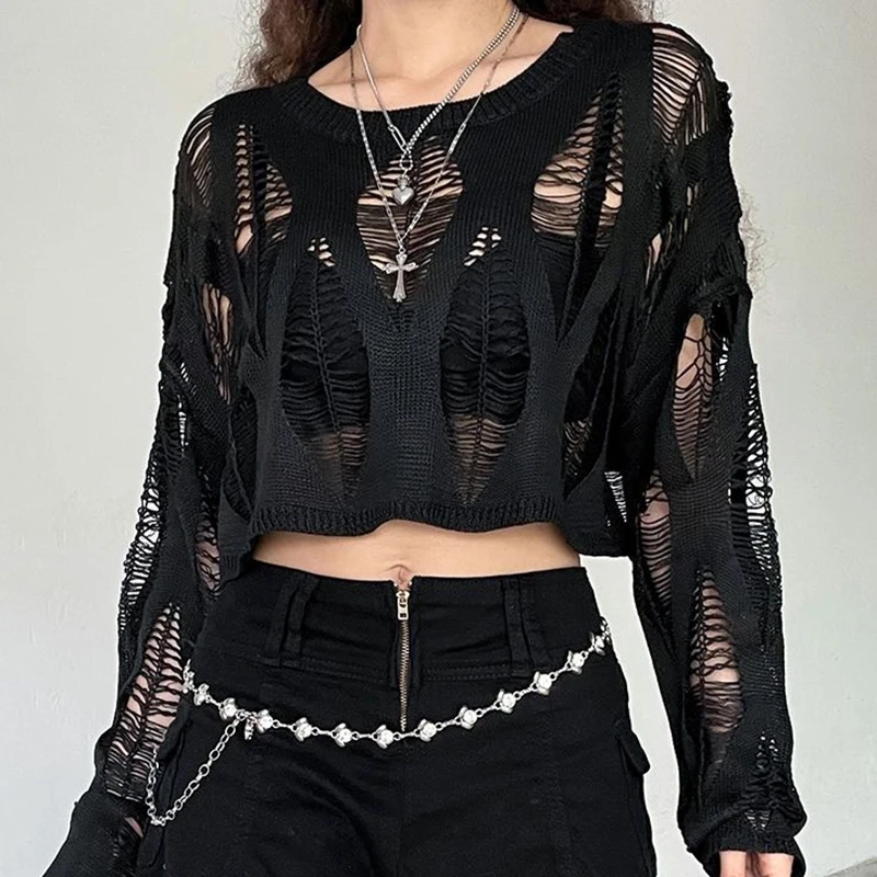 ITOOLIN Women Hole Hollow Out Y2K T-shirty Batwing Sleeve Dzianinowa koszula dla kobiet Luźne topy Streetwear Wiosna Jesień 2024