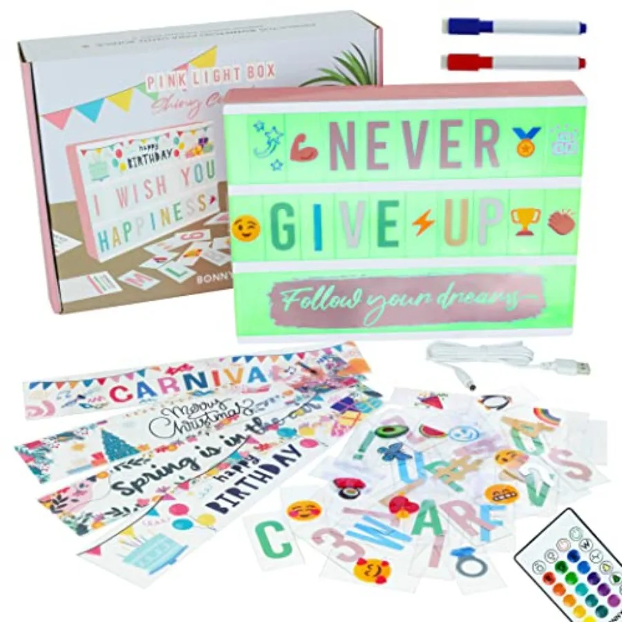 

Cinema Light Box A4 Rose Gold 16 Colors with 400 Letters and Emojis 10 Premium Cards Remote Control and 2 Markers. Led Light Up