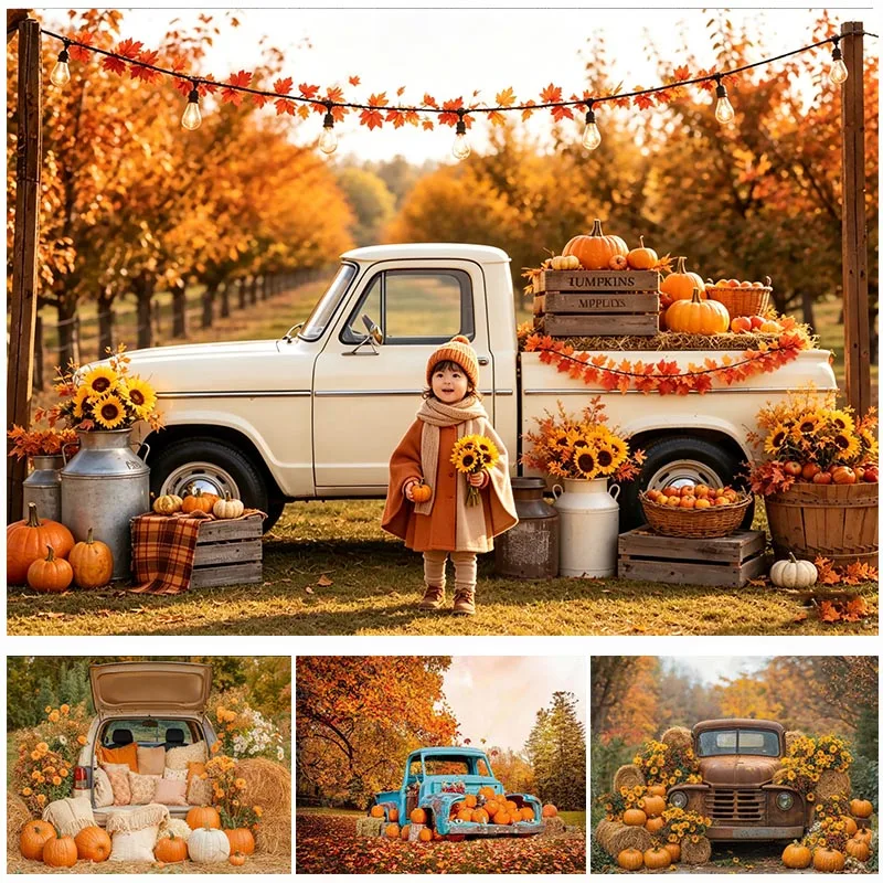 LS Autumn Pumpkin Patch Pickup Backdrops Cake Smash Child Baby Photo Props Adult Kids Decors Truck Photography Studio Background
