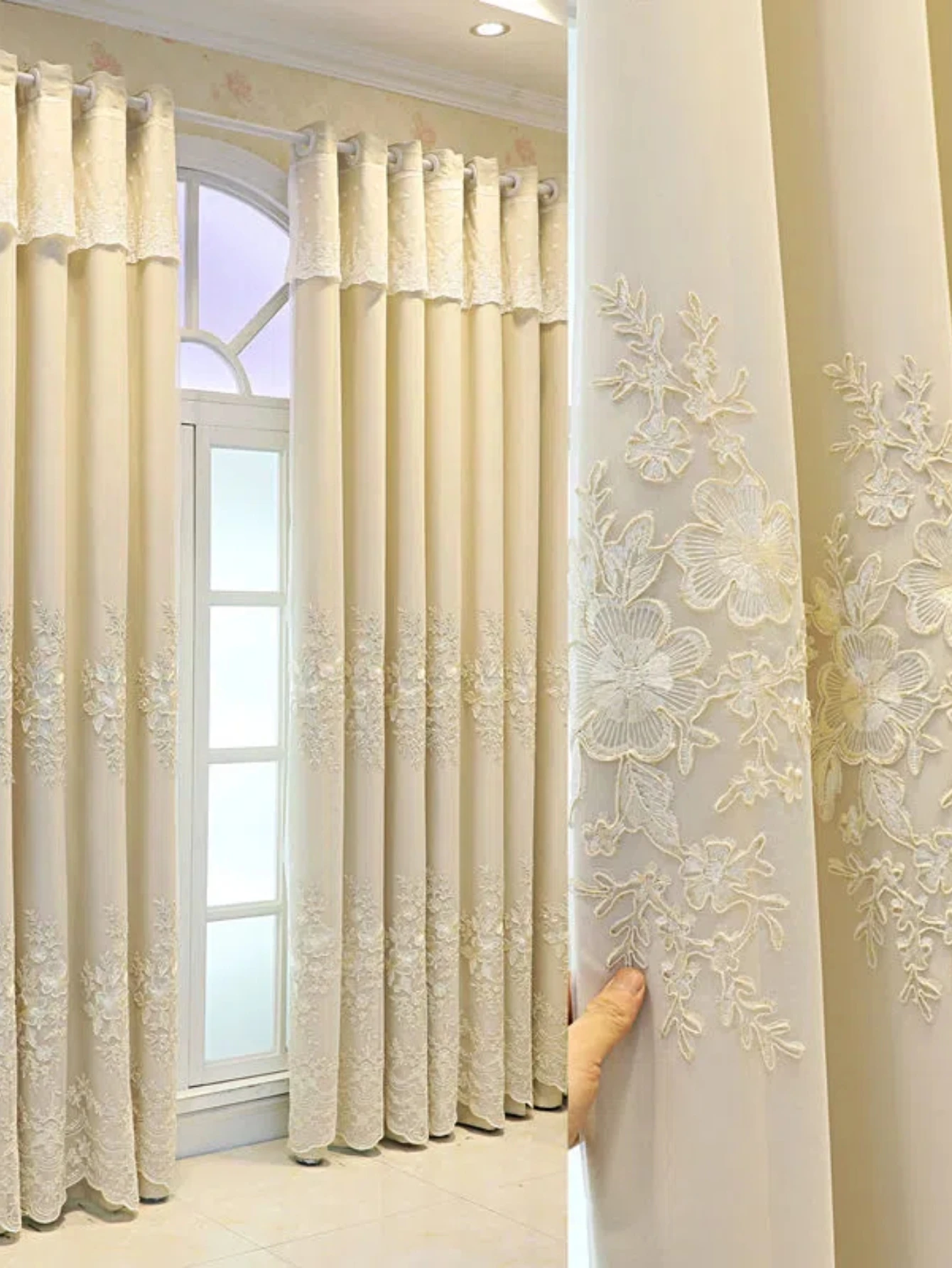 Nordic thickened fabric embroidered curtains, solid color floor to ceiling curtains, integrated with yarn