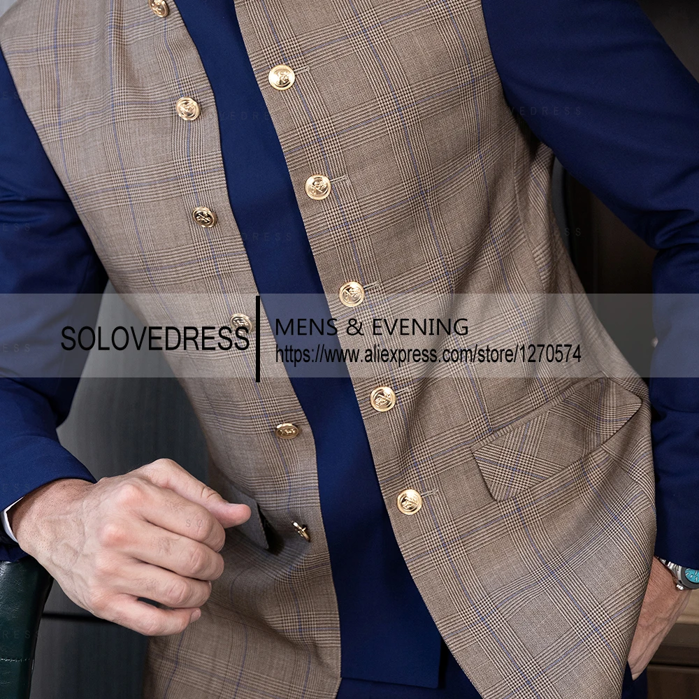 New Style   2 Pieces Splicing Plaid Can Be Two  Types of Buttons Slim Fit Business Men\'s Suits With 2 Pockets（Blazer+Pants ）