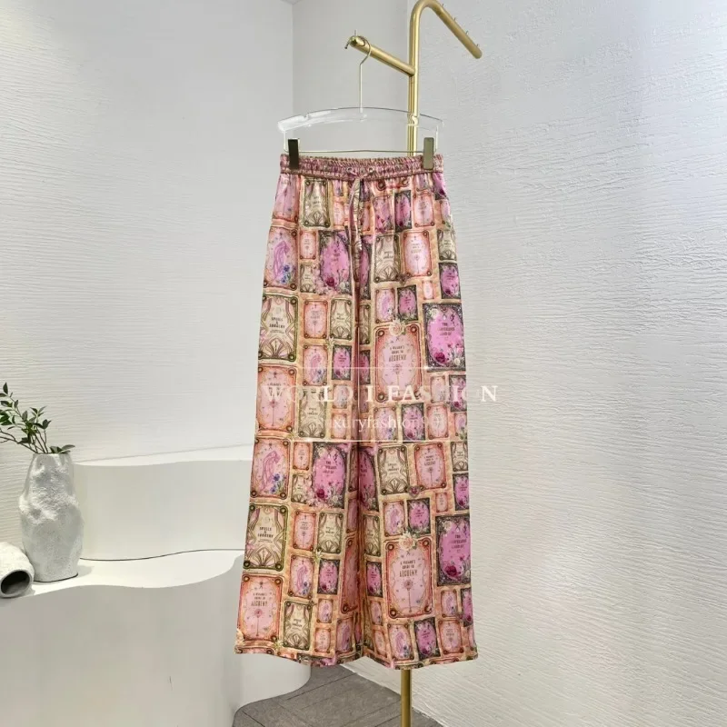 Conjunto de blusa y pantalones con cuello levantado y manga larga con estampado floral rosa Seda 2025 Alta calidad