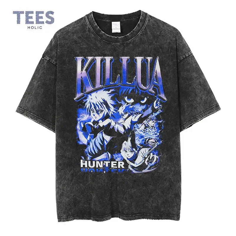 Killua Zoldyck T-shirts Men Streewear Vintage Washed Anime T Shirt Short Sleeve Harajuku Manga Phantom Troupe Tops Tees Cotton