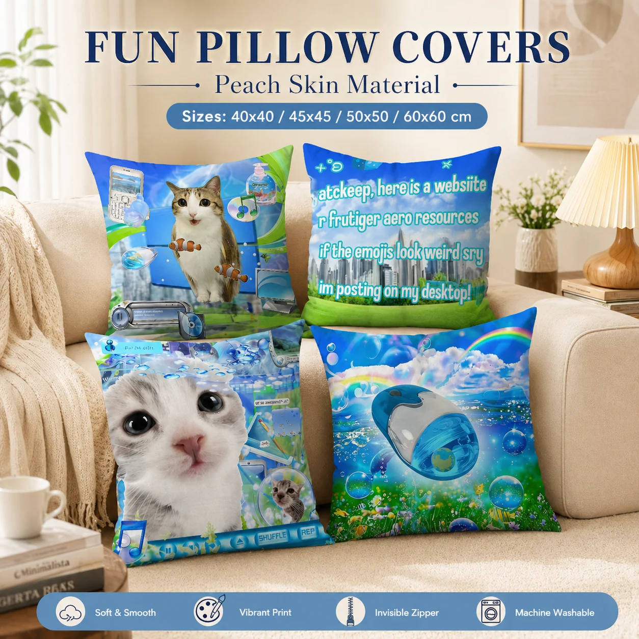 

Frutiger Aero Y2K Nostalgia Pillow Cover 2D Flat Printed Funny Meme Cat Cushion Case Peach Skin for Gamer Room Sofa Decor