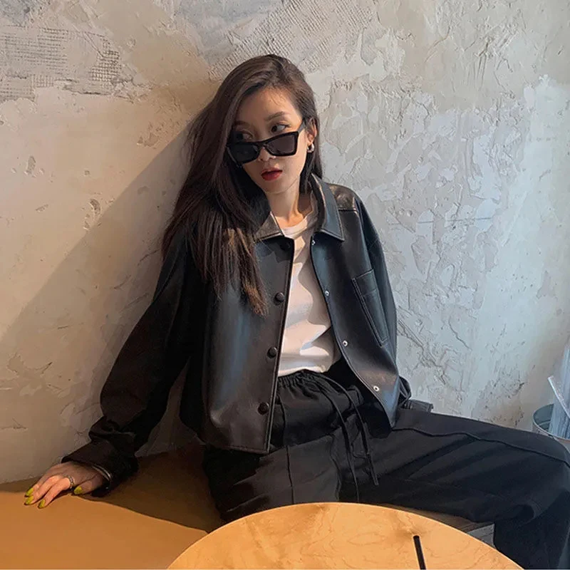 Korean Women Moto Pu Jackets Retro Harajuku Faux Fur Loose Biker Coat Casual Long Sleeve Black Streetwear Bf Outwear New