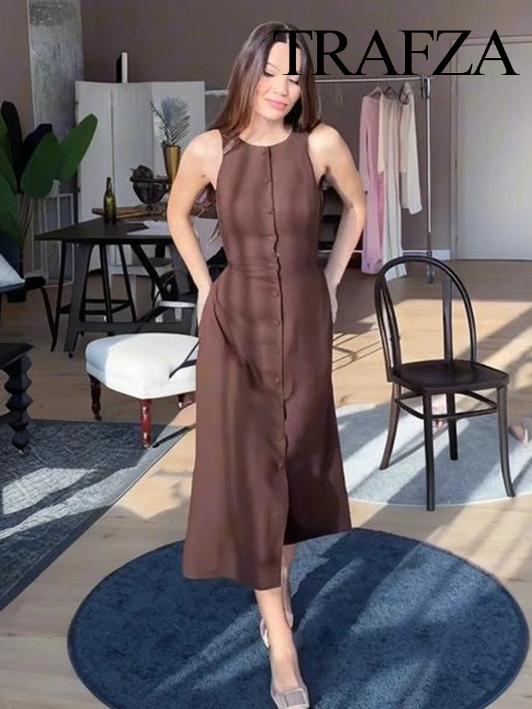 

TRAFZA Women Summer Fashion Solid Single-Breasted Lace Decorate Party Dress Female High Waist Casual Slim Midi Sleeveless Dress