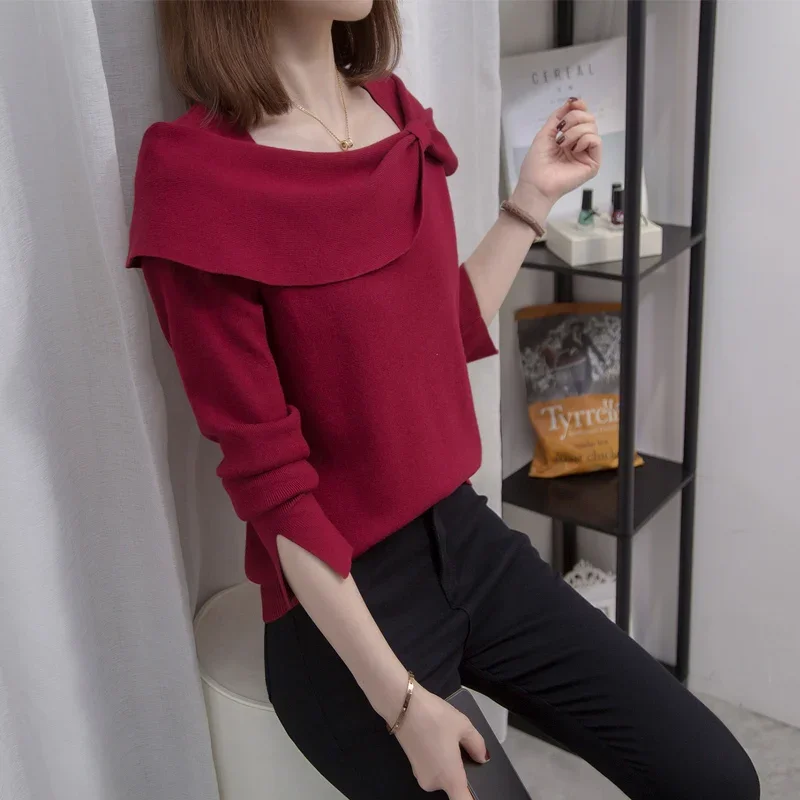 812 Autumn Women Knitted Sweater Basic Fashion Patchwork Folds Long Sleeves Tops Red Wine Color Loose Elegant Female Pullovers