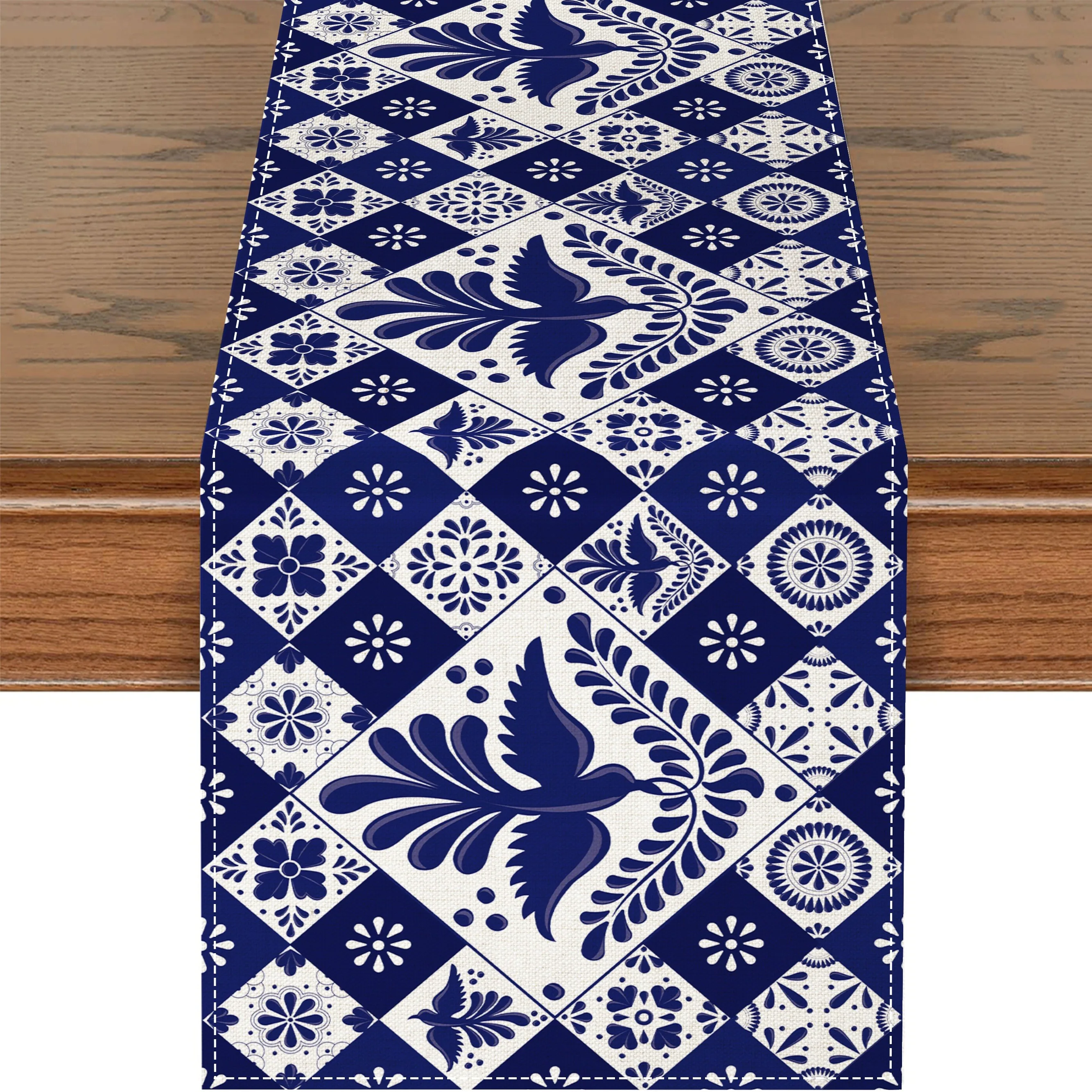 JIT1PCS1 Floral Bird Mexican Table Runner, Blue Patchwork Tile Kitchen Dining Table Decoration for Home Party Decor to Enhance