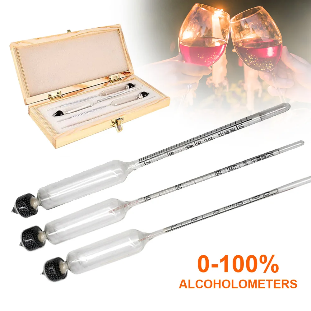 4Pcs Alcoholmeter Wine Alcohol Meter Concentration Meter Vodka Whiskey Alcohol Instrument Wine Hydrometer Tester Wooden Box