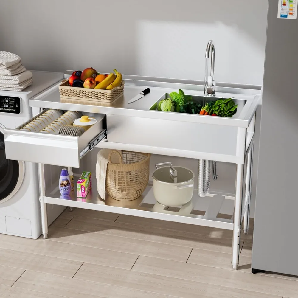 حوض المرافق عالي الجودة من الفولاذ المقاوم للصدأ، وعاء واحد قائم بذاته، حوض المطبخ التجاري مع منضدة ورف تخزين،