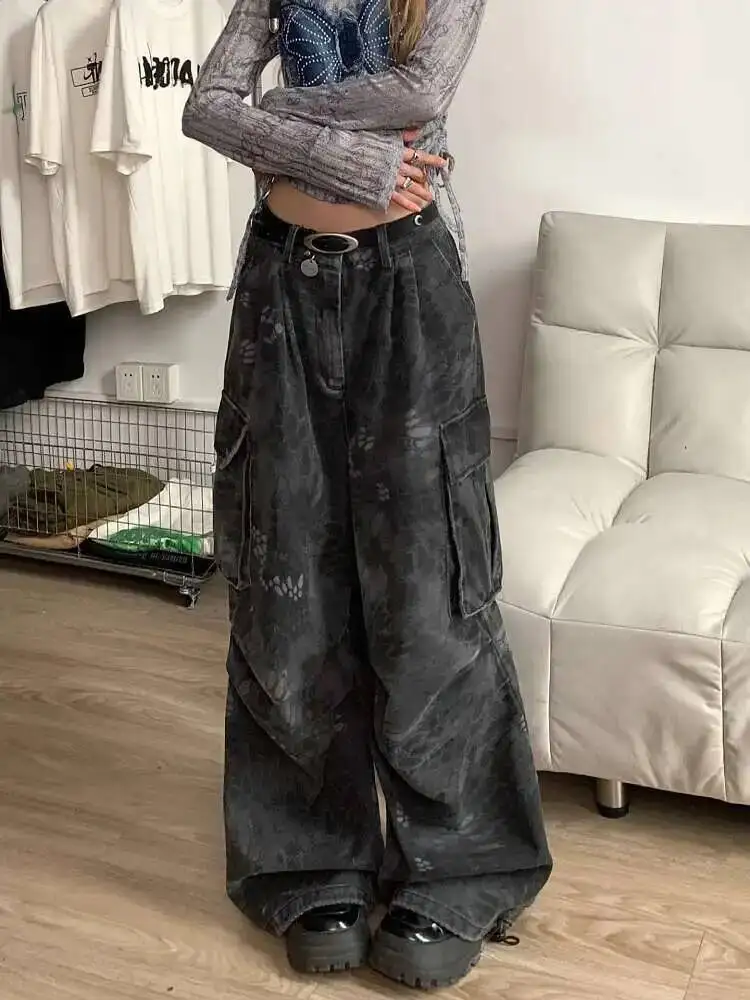 Women Jeans American Retro High Street Casual Overalls Camouflage Loose Wide Leg Pants For Women Y2k Hip-hop Cargo Trousers