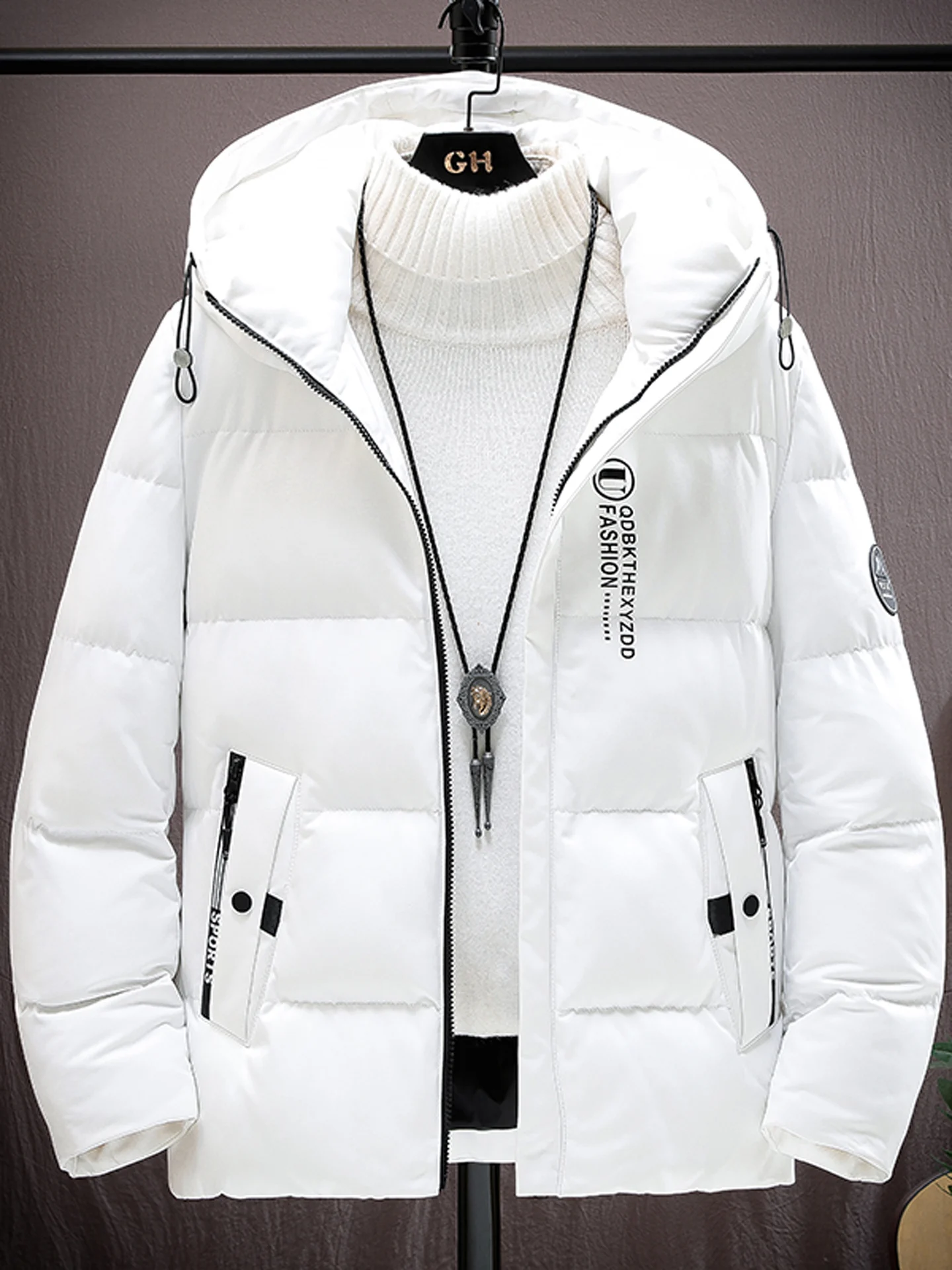 

Winter Thiened Hooded Jaet Pure White Cotton Padded Coat for Men with Letter Pattern Warm And Sli Casual Wear