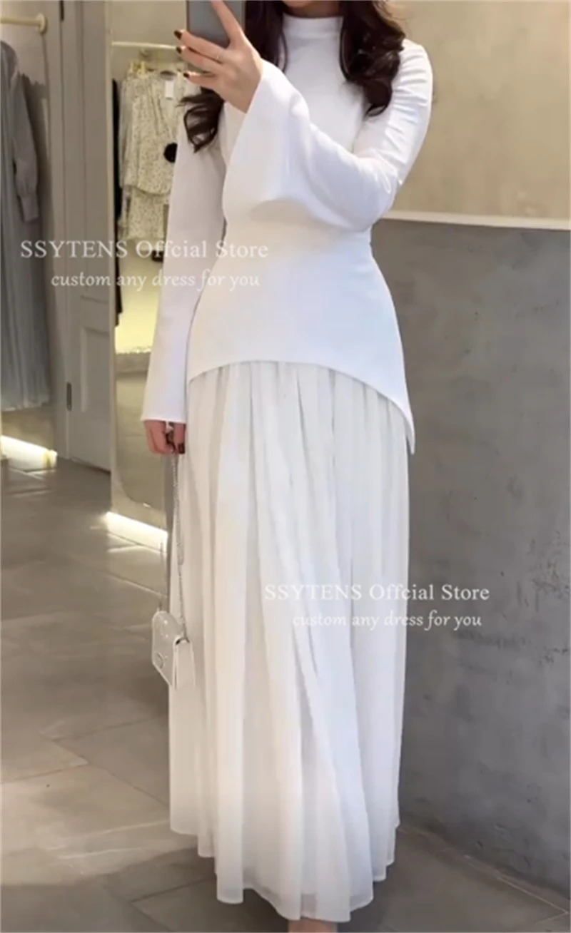 فساتين سهرة طويلة بيضاء أنيقة من SSYTENS بأكمام طويلة فساتين حفلة موسيقية خاصة باللغة العربية السعودية فساتين حفلات ذات ياقة عالية مخصصة #3