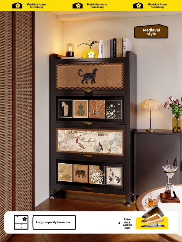 

Medieval style bookshelf floor-to-ceiling storage living room household wrought iron storage integrated against the wall