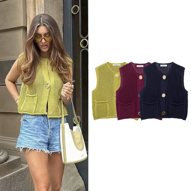 TRAF Coarse yarn Knitted Sweaters Vests For Women Fashion O Neck Sleeveless Short Tank Tops Vintage Women Knitted Waistcoat