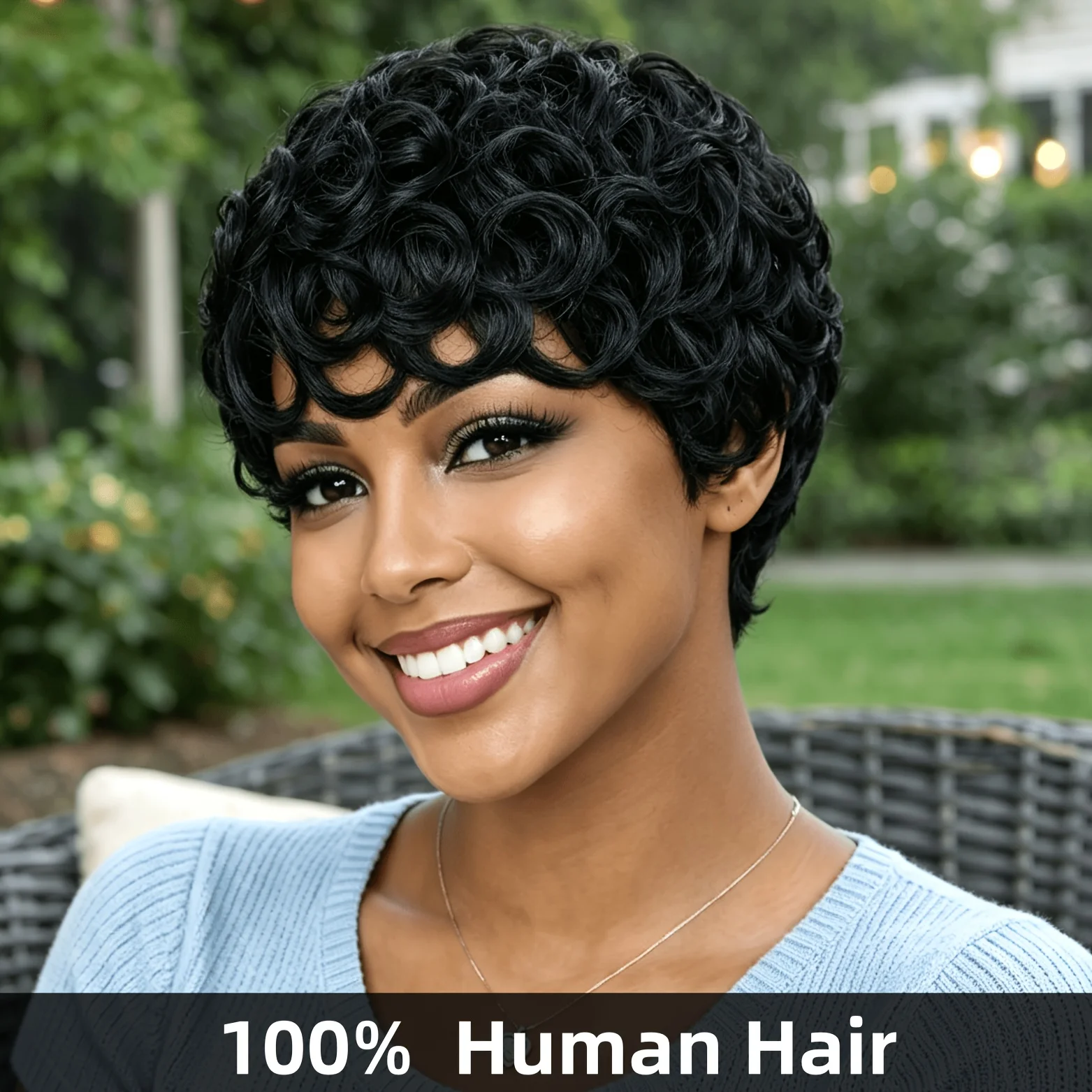 Women's Brazilian Human Hair Wig Short Curly Pixie Cut with Bangs - Full Machine Made Natural Black Suitable for Daily Wear