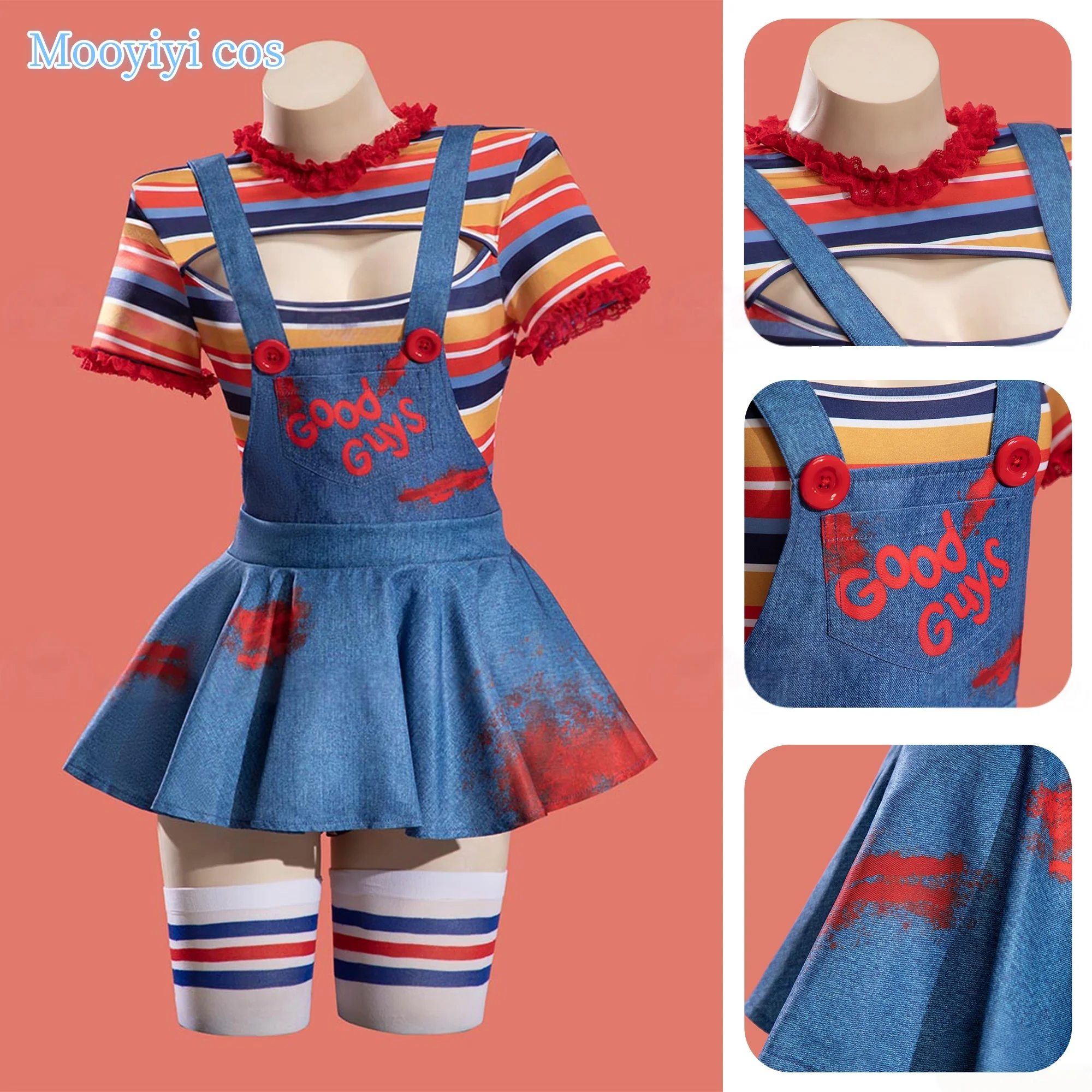 

chucky Cosplay Costume Emily Halloween Christmas Comic Exhibition Dress S-XL Cute Dress Newly Demon ghost Striped overalls