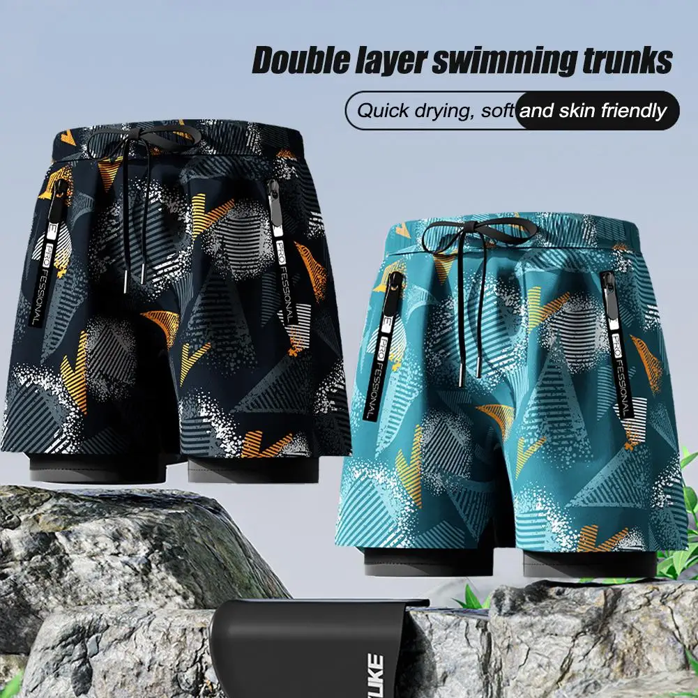 Swimming Trunks Shorts With Compression Quick Dry Swiming Double Layer Shorts Beachwear Running Beach F2f2