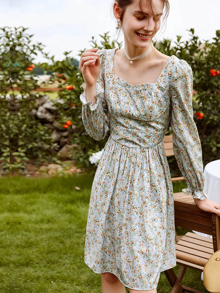 OLrain الخريف فساتين مُزينة بنقشة الزهور المرأة 2025 جديد الخصر رقيقة ساحة طوق فستان أنيق تصميم متوسط ميدي فستان الإناث O21QL53899