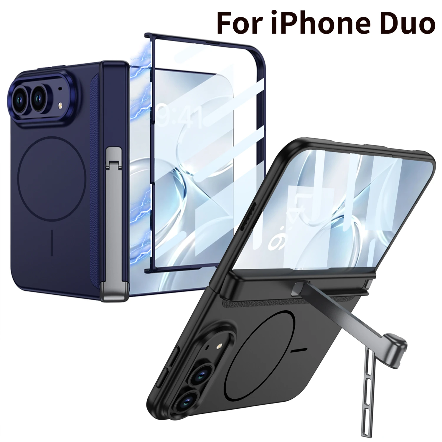 For iPhone Duo case with magnetic central hinge plated phone cover and tempered glass protective case