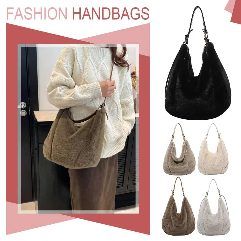 Women Plush Shoulder Bag with Adjustable Strap Hobo Bag Large Capacity Tote Bag Trendy Handbag for Work Travel