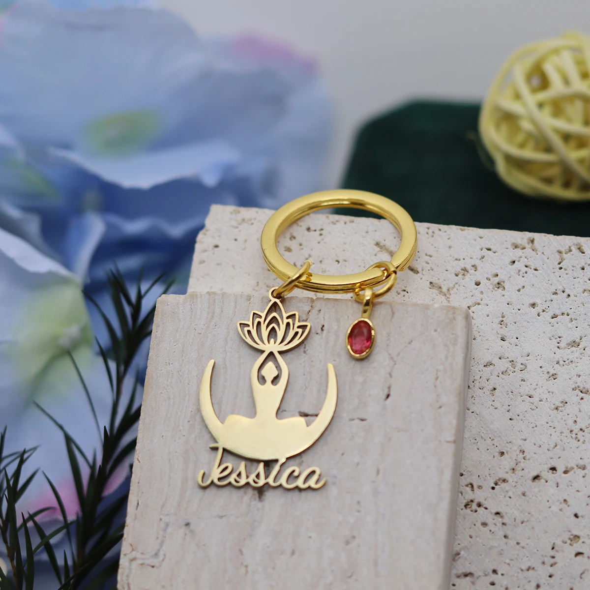 Lotus Flower Custom Name Keychain Buddhism Om Yoga Pendant Keyring Men Women Personalized Stainless Steel Jewelry Keepsake Gift
