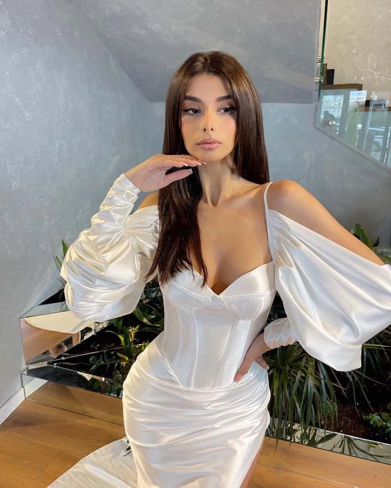 Vestido de Novia de sirena de satén blanco, manga larga, escote Corazón, abertura alta, Sexy, verano, 2024