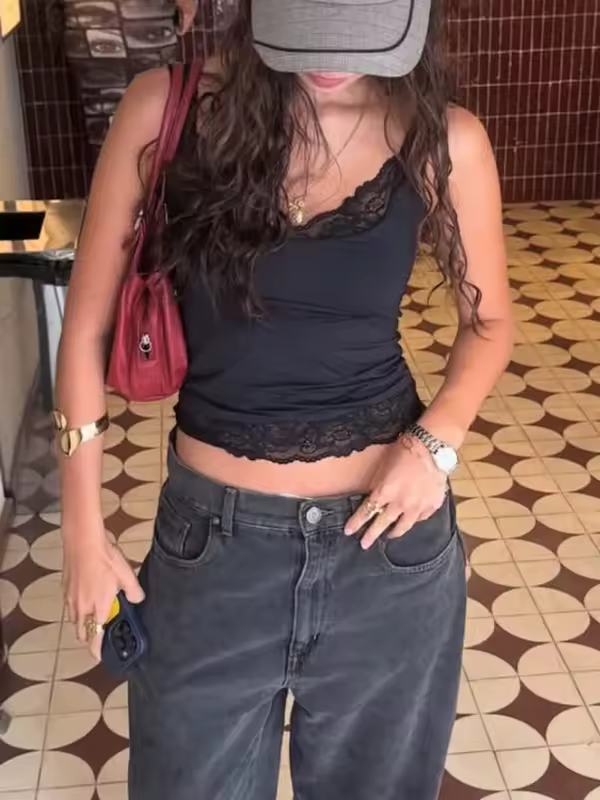 Tossy Black Lace Tank Top For Women V-Neck Backless Streetwear Spaghetti Patchwork Cropped Y2k Top Female Sexy Lace Vest 2026 - Image 6
