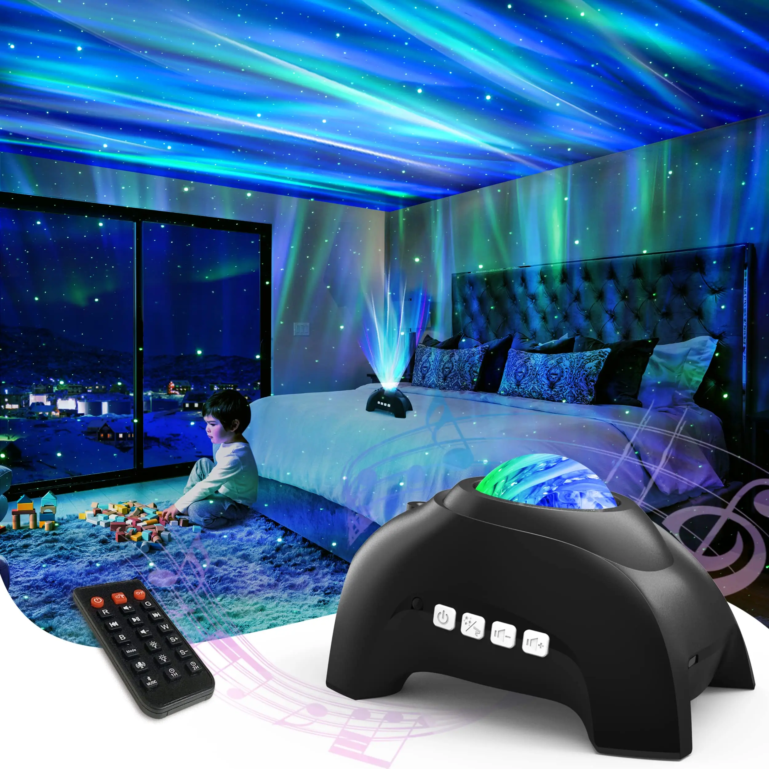 Northern Lights Aurora Projector Star Projector Wich Music Speaker White Noise Timing Remote Control Night Light  (Black)