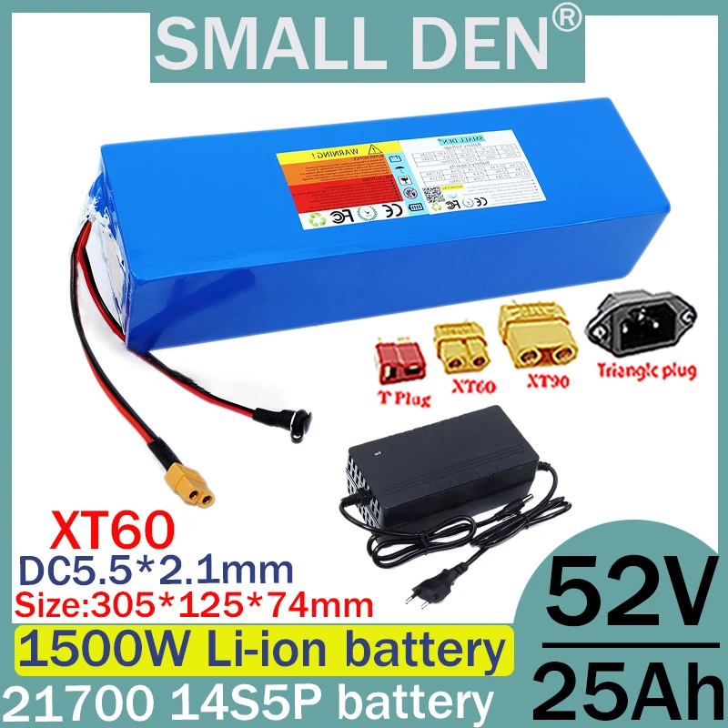 21700 14S5P 52V 25ah lithium battery pack with built-in 30A BMS 1500W high-power electric tool, backup battery+2A 3A 5A charger